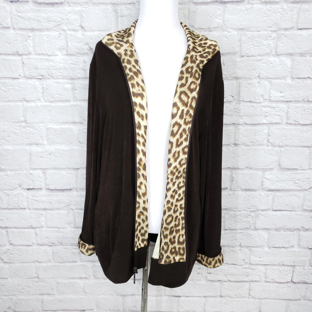 Chico's Travelers Sz 3 Jacket Brown Leopard Animal Print Trim Zipper Front XL 16